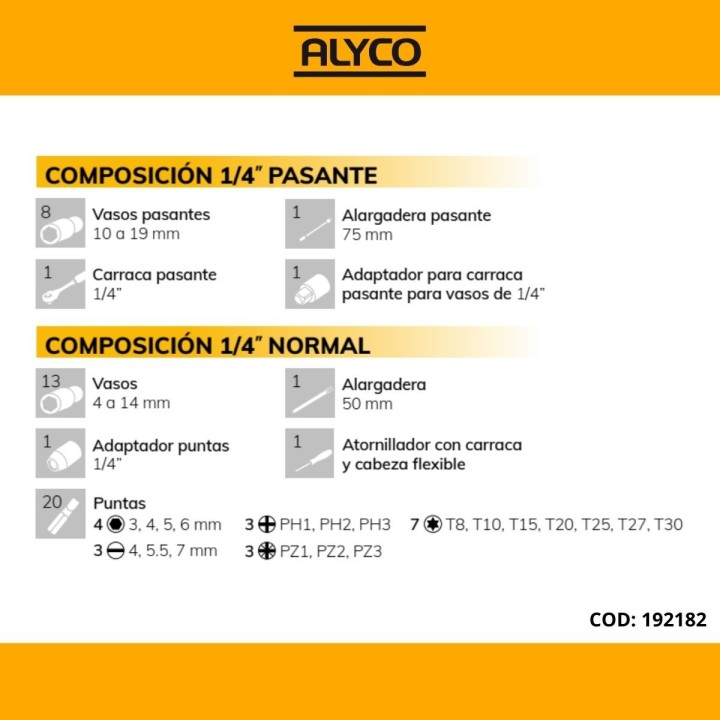 Juego de 47 piezas con llaves de vaso pasantes y normales de 1/4'', ca
