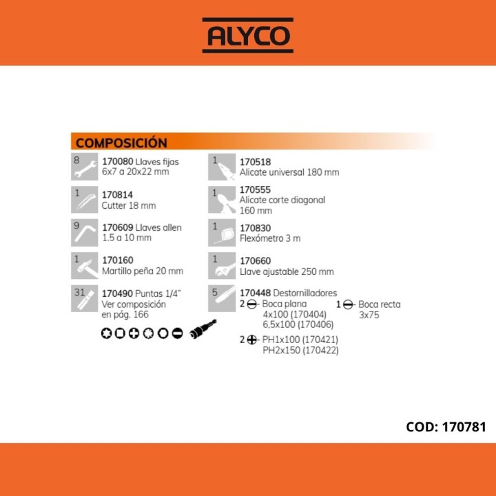 Caja Metálica con Bandeja Interior y 60 Herramientas ALYCO ORANGE