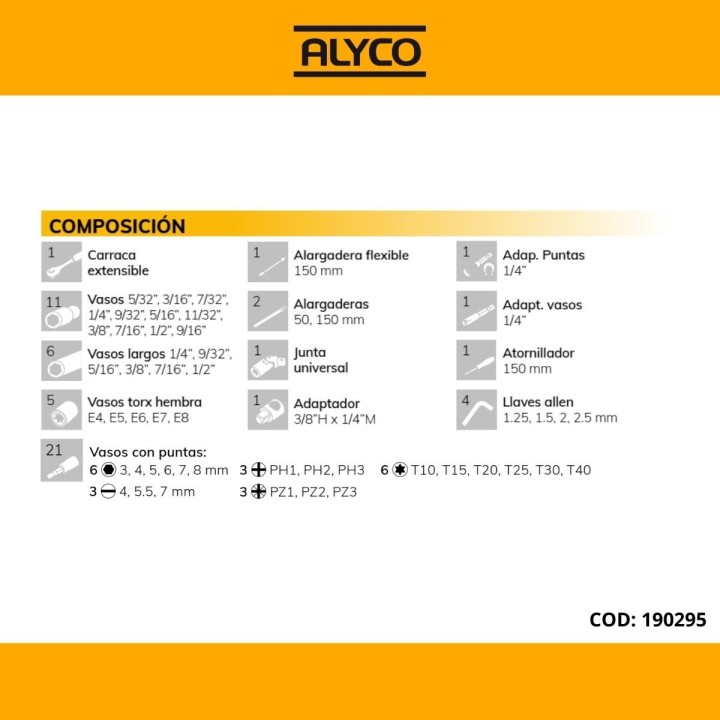 Juego de 56 piezas con llaves de vaso de 1/4" en pulgadas ALYCO
