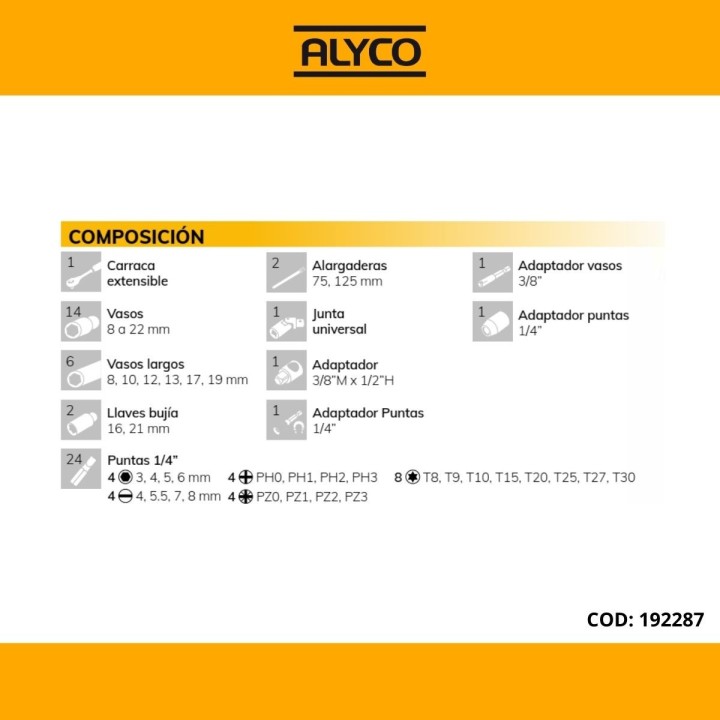 Juego de Llaves de Vaso de 3/8" ALYCO – 54 Piezas