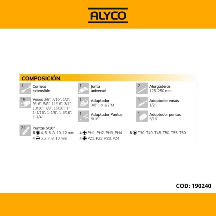 Juego de Vasos y Accesorios 47 Pzas en Pulgadas de 1/2" ALYCO