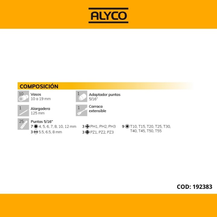 Juego de 38 piezas con llaves de vaso de 1/2'' ALYCO