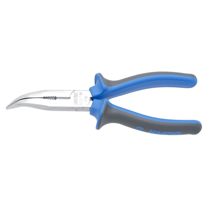 Alicate con puntas semirredondas, boca curva con corte y grip