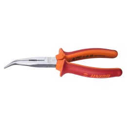 Alicate con puntas semirredondas, boca curva con corte y grip