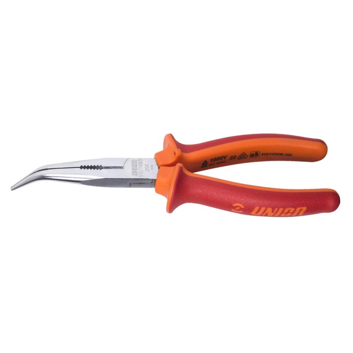Alicate con puntas semirredondas, boca curva con corte y grip