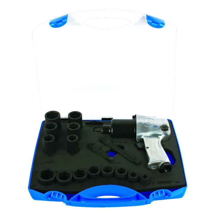 Juego de pistola neumática y vasos de impacto de 1/2" en caja de