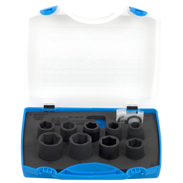 Juego de vasos y accesorios de 1/2" de impacto en caja de plástico