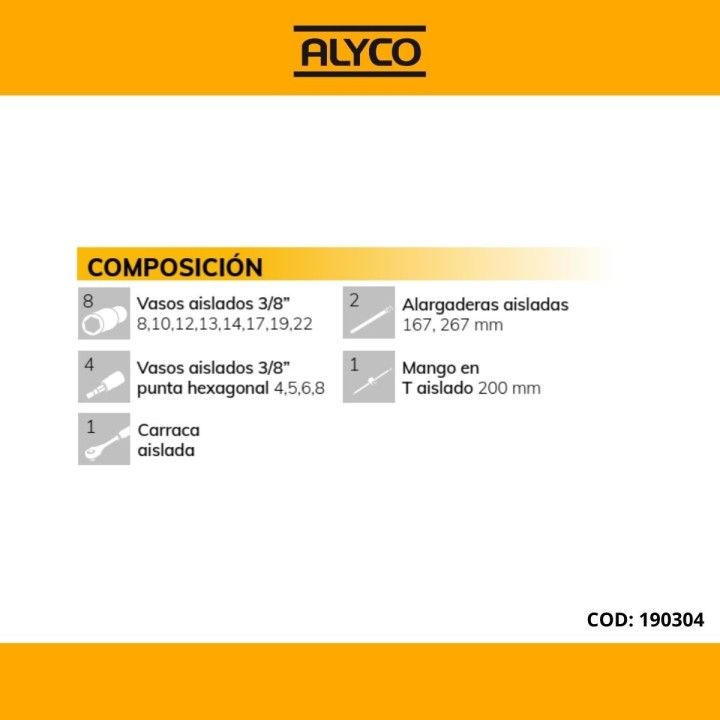 Juego De Vasos Y Accesorios Aislados VDE 16 Pzas De 3/8" ALYCO