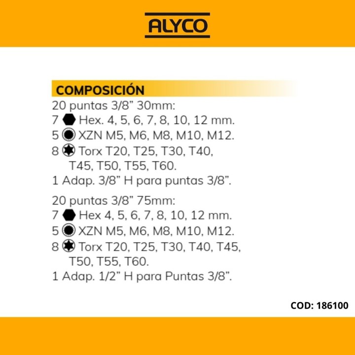 Juego de 40 puntas de 3/8” y dos adaptadores en caja metálica Alyco