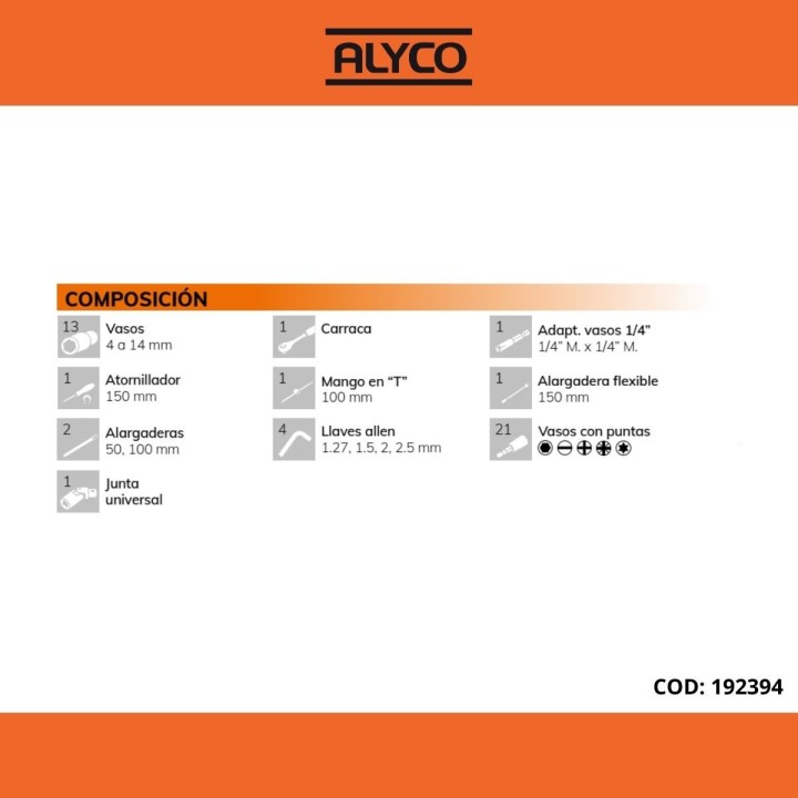 Juego De Llaves De Vaso Y Accesorios 1/4" 46 Piezas ALYCO ORANGE